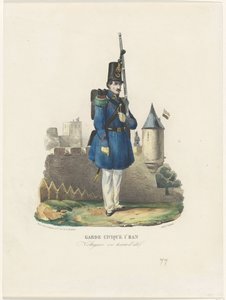 Belgiska burgerwacht op wacht, 1830 Civic Guard 1st Ban / Voltigeur i sommarklänning (titel på objekt) av Pierre Simonau