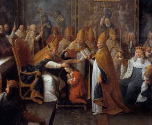 Kröningen av Ludvig XV Kung Ludvig XV (1710-1774) kröntes och var helig den 25/10/1722 i katedralen i Reims av arkeveken i Reims i närvaro av regenten, hertigen av Orleans (1674-1723) och en stor folkmassa. Detalj av målning av Pierre Sub