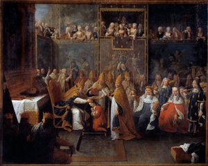 Kröningen av Ludvig XV Kung Ludvig XV (1710-1774) kröntes och var helig den 25/10/1722 i katedralen i Reims av arkeveken i Reims i närvaro av regenten, hertigen av Orleans (1674-1723) och en stor folkmassa. Målning av Pierre Subleyras (16