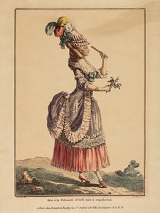 En klänning i polonaise med draperad överkjol. Från Gallerie des Modes et Costumes Francais, 1778