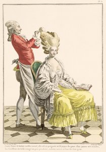 En ung kvinna i peignoir med sin frisör, tavla 31 från Galerie des Modes et Costumes Francais, graverad av Dupin, 1778. av Pierre Thomas Le Clerc