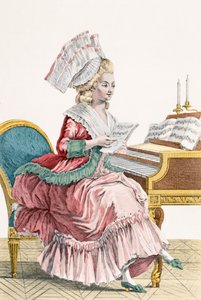 Ung kvinna som studerar musik vid sitt cembalo, graverad av J. Pelicier, platta 149 från Galerie des Modes et Costumes Francais.