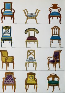 Lænestole, stole og fodskamler, Illustration fra Collection de meubles et objects de gout (Samling af møbler og smagsgenstande)swed