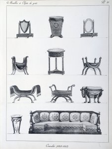 Möbler från periodens konsulat (1802-1803). Tallrik hämtad från samlingen "" Collection de mobilier et objets de taste"" av Pierre de la Mesangere (1761-1831). Paris. Dekorativ konst