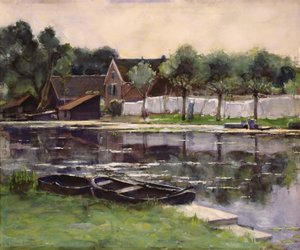 Bondfruar med tvätt på gränsen till en flod av Piet Mondrian