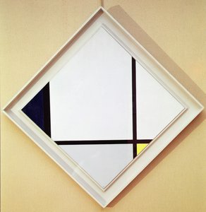 Tableau nr I: Ruter med tre linjer och blått, grått och gult. av Piet Mondrian