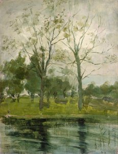 Två träd silhuetterade bakom en vattenbana av Piet Mondrian