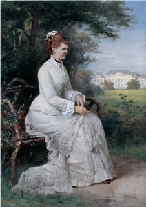 Porträtt av prinsessan Emma von Waldeck-Pyrmont sittande på en bänk i parken vid Palace Het Loo (olja ombord) av Piet Schipperus