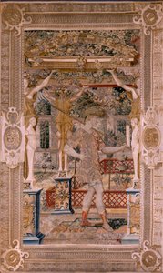 flamländsk gobeläng. Serier Vertumnus och Pomona.Vertumnus förvandlas till en bonde. Andra gobeläng i serien. Vänster del förvandlingen av Daphne. Modellcirkel av Pieter Coecke van Aelst. Tillverkning Wilhelm Pannemaker, Bryssel. Ca 1545-1550. Fabri