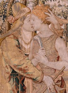 flamländsk gobeläng. Serien Vertumnus och Pomona. Vertumnus kysser Pomona. Sjunde gobeläng i serien. Modellcirkel av Pieter Coecke van Aelst. Tillverkning Wilhelm Pannemaker, Bryssel. Ca 1545-1550. Tyg Guld, silver, siden och ull. Storlek 430 x 365 cm.