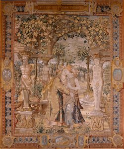 flamländsk gobeläng. Serien Vertumnus och Pomona. Vertumnus kysser Pomona. Sjunde gobeläng i serien. Modellcirkel av Pieter Coecke van Aelst. Tillverkning Wilhelm Pannemaker, Bryssel. Ca 1545-1550. Tyg Guld, silver, siden och ull. Storlek 430 x 365 cm.