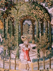 flamländsk gobeläng. Serier Vertumnus och Pomona; Vertumnus förvandlas till trädgårdsmästare (Vertumno transformado en jardinero). Femte gobeläng i serien. Modellcirkel av Pieter Coecke Van Aelst och Léonard Thiry. Tillverkning Okänd verkstad, Bryssel, för