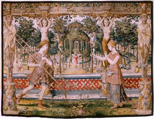 flamländsk gobeläng. Serier Vertumnus och Pomona; Vertumnus förvandlas till trädgårdsmästare (Vertumno transformado en jardinero). Femte gobeläng i serien. Modellcirkel av Pieter Coecke Van Aelst och Léonard Thiry. Tillverkning Okänd verkstad, Bryssel, för