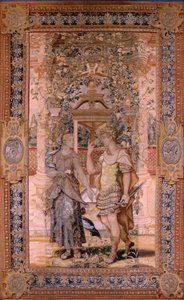 flamländsk gobeläng. Serien Vertumnus och Pomona. Vertumnus förvandlades till en krigare. Fjärde gobelängen i serien. Modellcirkel av Pieter Coecke van Aelst. Tillverkning Wilhelm Pannemaker, Bryssel. Ca1545-1550. Tyg Guld, silver, siden och ull. Storlek 4