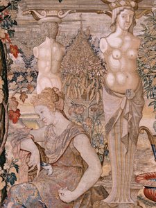 flamländsk gobeläng. Serien Vertumnus och Pomona. Vertumnus förvandlades till en gammal kvinna. Vertumnus förvandlades till en gammal kvinna. Sjätte gobelängen i serien. Modellcirkel av Pieter Coecke van Aelst. Tillverkning Wilhelm Pannemaker, Bryssel. Ca 