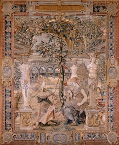 flamländsk gobeläng. Serien Vertumnus och Pomona. Vertumnus förvandlades till en gammal kvinna. Vertumnus förvandlades till en gammal kvinna. Sjätte gobelängen i serien. Modellcirkel av Pieter Coecke van Aelst. Tillverkning Wilhelm Pannemaker, Bryssel. Ca1