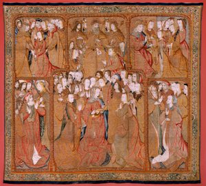 flamländsk gobeläng. Serien Triumphs of the Mother eller Paños de Oro. Gud sänder ärkeängeln Gabriel (Dios envía al Arcángel Gabriel). Första gobeläng i serien. Modell Colin de Cooter(?). Tillverkning Pieter van Aelst (eller van Edingen), Bryssel. Ca1500-1