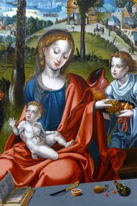 Maria, Jesusbarnet och en ängel. Detalj av den heliga familjens triptyk