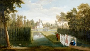 En utsikt över Chiswick Gardens mot baksidan av Bagnio (Cascina) Chiswick House (olja på duk)