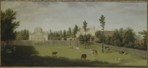 Utsikt över den nya villan, det gamla huset och stallen från andra sidan Burlington Lane, Chiswick Villa (olja på duk)