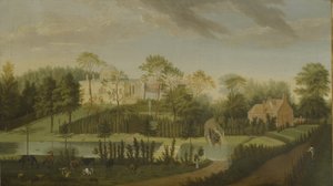 Utsikt över terrassen med utsikt över kanalen till sidan av villan, Chiswick Villa (olja på duk)