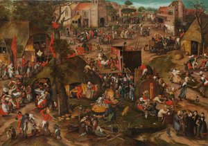En flamländsk Kermis med en framförande av farsen "Een cluyte van Plaeyerwater", ca. 1570