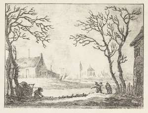 Vinterlandskap med hus och figurer av Pieter Bartholomeusz. Barbiers
