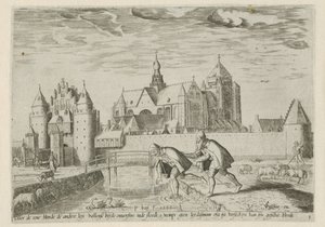 Utsikt över Veere, med ordspråket: en blind leder en annan Landskap med bibliska scener (serietitel) av Pieter Bast