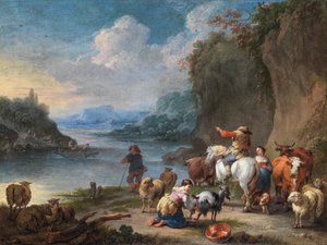 Drovers och deras hjord vilar vid en flod av Pieter Bout