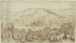 Sydligt kulligt landskap med klosterbyggnader av Pieter Brueghel the Elder
