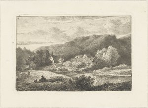 Kuperat landskap med kyrka och hus Vattenlandskap (serietitel)