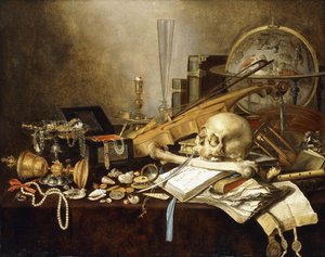 Ett Vanitas stilleben av musikinstrument och manuskript, en vältad förgylld bägare, en smyckeskista, en ljusstake, en astrologisk jordglob, ett pärlband, juveler, snäckor, en skalle och lårben och ett timglas på ett draperat bord, 1653