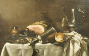 Stilleben med en skinka (olja på duk) av Pieter Claesz