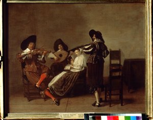 ""Soiree musicale"" (musikalisk kväll) Tre musiker och en ung kvinna (sång). Målning av Pieter Codde (1599-1678) Pushkin-museet från 1600-talet, Moskva av Pieter Codde
