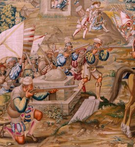 flamländsk gobeläng. Serien Erövringen av Tunis. Attacken på La Goleta (Ataque a la Goleta). Fjärde gobelängen i serien. Modellen Jan Vermeyen och Pieter Coecke van Aelst. 1543-1548. Tillverkning Real Fábrica de Tapices de Santa Bárbara, Madrid