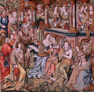 flamländsk gobeläng. Serien The Honours. Dygd (La Virtu, El Vicio). Åttonde gobeläng i serien. Modelltecknare från Bernard van Orleys och Jan Gossaerts krets (Mabuse). Tillverkning Pieter van Aelst, Bryssel. Ca 1550. Tyg Guld, silver, siden a av Pieter Coecke van Aelst