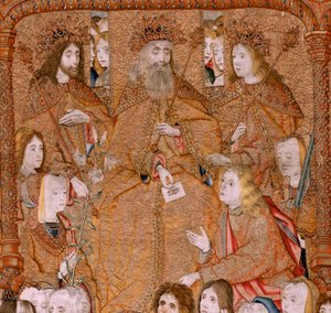 flamländsk gobeläng. Serie Triumphs of the Mother eller Paños de Oro. Gud sänder ärkeängeln Gabriel. Första gobeläng i serien. Modell Colin de Cooter(?). Tillverkning Pieter van Aelst (eller van Edingen), Bryssel. Ca 1500-1502. av Pieter Coecke van Aelst