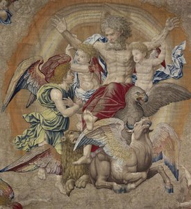 Gud Fadern med symbolerna för de fjärde apostlarna (tetramorfos), känd som Treenigheten av Pieter Coecke van Aelst