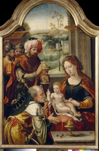 Tillbedjan av Magi. Målning av Pieter Coecke van Aelst den äldre (1502-1555), olja på trä, första hälften av 1500-talet. flamländsk primitiv konst. State Art Gallery, Lviv (Ukraina).