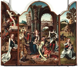 Triptyk of the Adoration of the Magi Vänster panel: Annunciation - Höger panel: Annunciation, till vänster och Flight into Egypt till höger Målning av Pieter Coeck van Aelst (1502-1550) 1500-talets Genes Musei di Strada Nuova (ex Palazzo Bianco) inv n PB av Pieter Coecke van Aelst