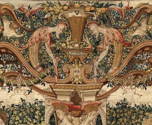 Vertumnus och Pomona: Vertumnus förvandlad till en beskärare, ca 1550 (guld, ull och siden) av Pieter Coecke van Aelst