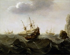 En båt fångad i ett stormigt hav med båtar som flyr undan stormen i fjärran och till höger dyker klippor upp ur vattnet. Olja på trä, omkring 1620, av Cornelisz Verbeecq (1590-1637).