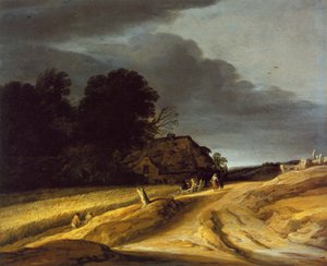 Landskap med en grusväg och en bondgård av Pieter Dircksz Santvoort