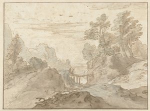 Bergslandskap med två figurer på en smal bro av Pieter Dircksz van Santvoort (possibly)