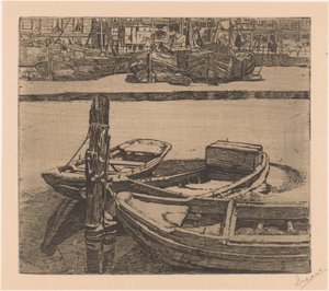 Fartyg i Damrak i Amsterdam av Pieter Dupont (signed by artist)