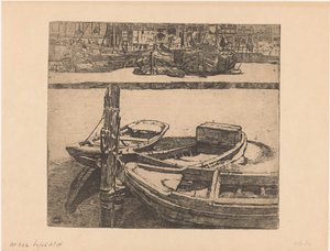 Fartyg i Damrak i Amsterdam av Pieter Dupont (signed by artist)