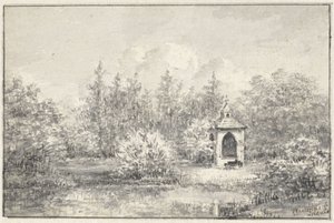 Utsikt i Leiduins park, med ett hus mellan träden av Pieter Ernst Hendrik Praetorius