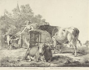 Kor och mjölkpiga De Hollandsche Melk-koeijen/ Les vaches â lait hollandaises (titel på objekt) av Pieter Gerardus van Os