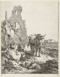 Landskap med stående och liggande ko och herdinna framför en ruin av Pieter Gerardus van Os