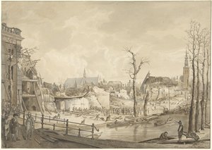 Ruiner på norra sidan av Steenschuur efter krutkatastrofen i Leiden, 12 januari 1807 av Pieter Gerardus van Os